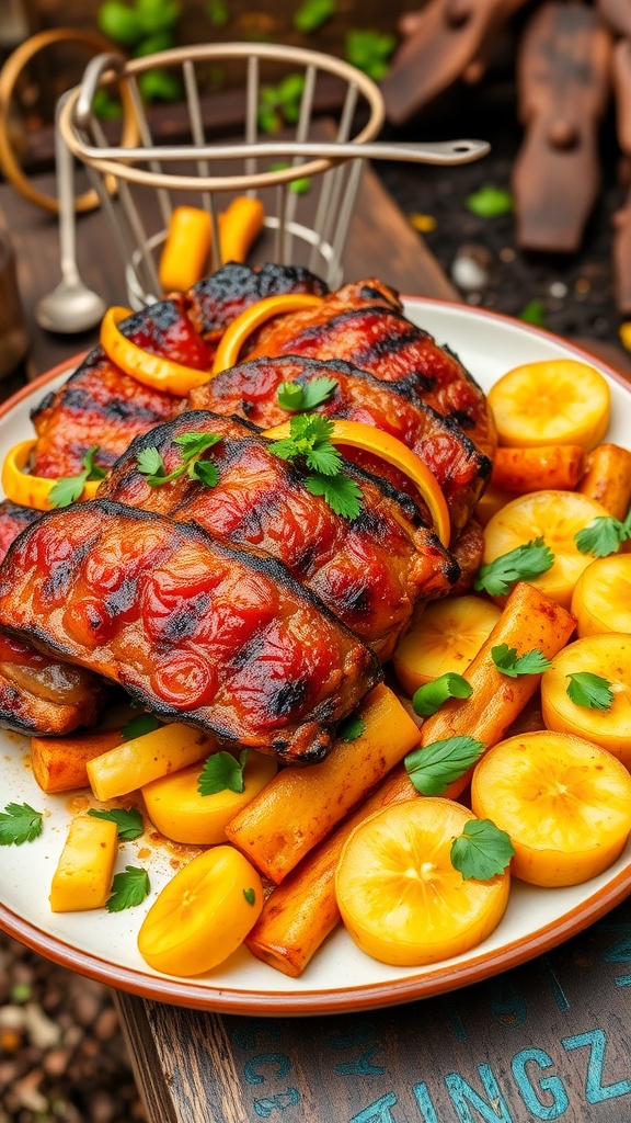 Delicious Haitian barbecue with grilled pork served alongside spicy pickled vegetables and fried plantains.
